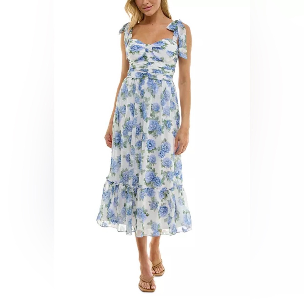 BCX Women’s Floral Print Blue and White Jacquard Sleeveless Fit & Flare Dress